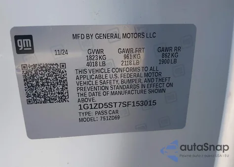 2025 Chevrolet Malibu Lt from USA, damaged, VIN 1G1ZD5ST7SF153015